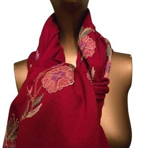 True Vintage Deep Red Embroidered‎ Floral Boho Cottagecore Long Wool Wrap Scarf